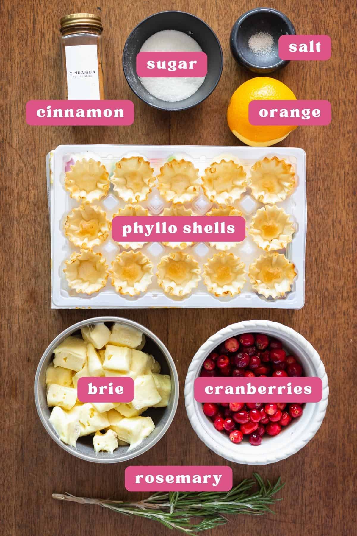 Collage of ingredients for cranberry brie bites labeled in pink and white lettering