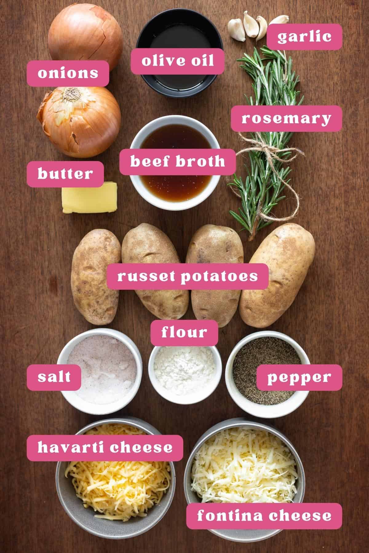 Collage of ingredients for french onion fries labeled in pink and white