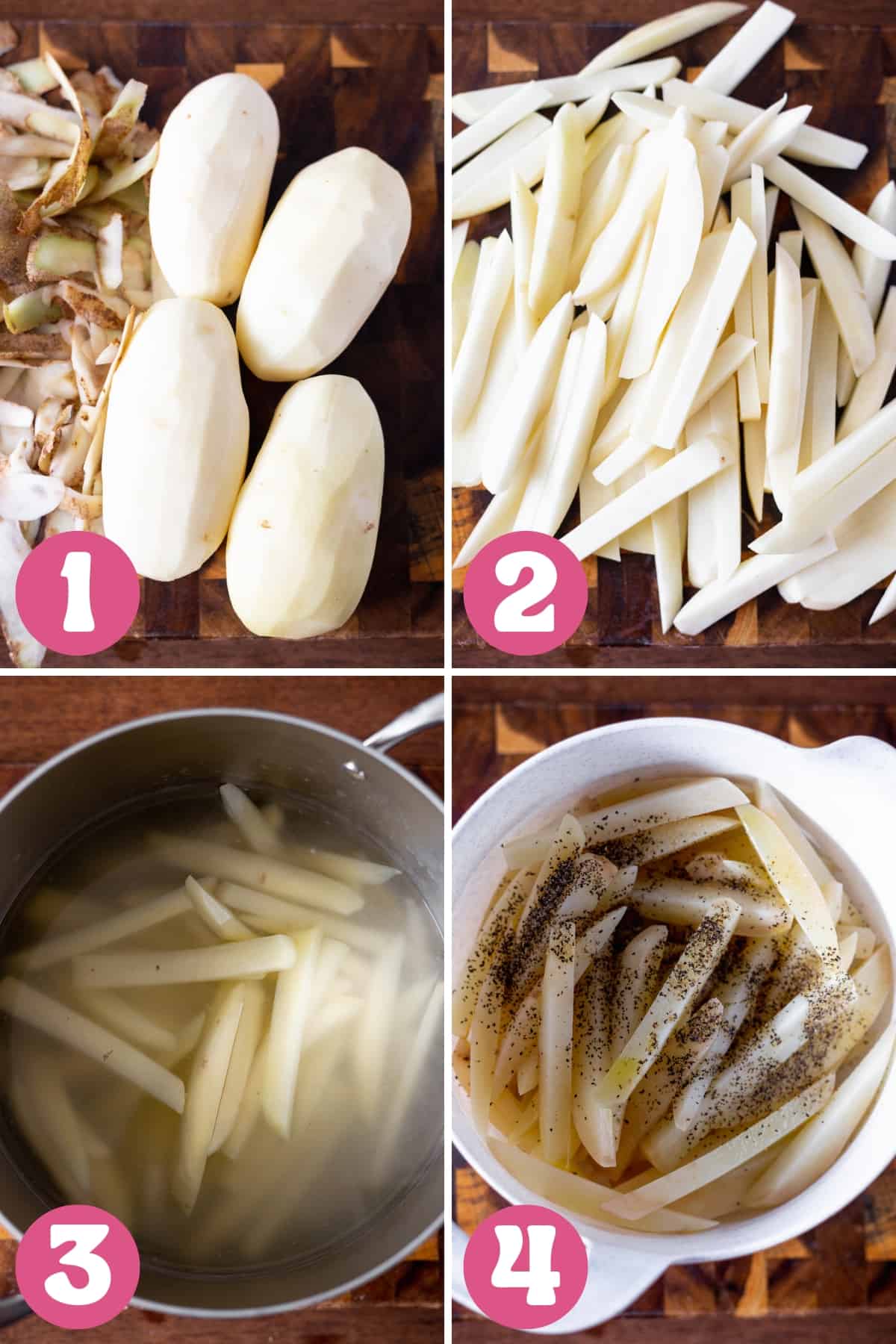 Four pictures in a collage to show the steps of making french onion fries