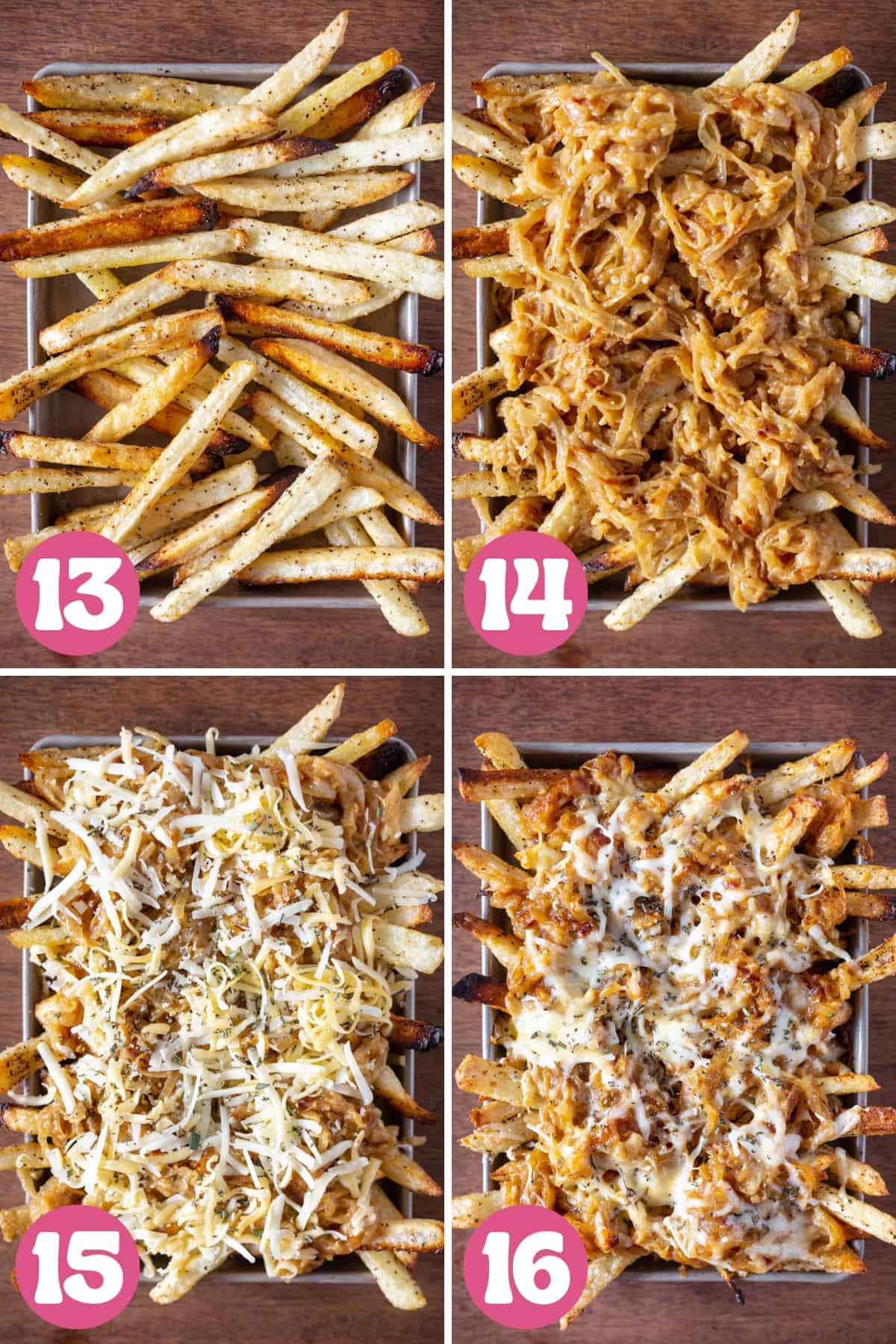 Four pictures in a collage to show steps 13 through 16 of making french onion fries