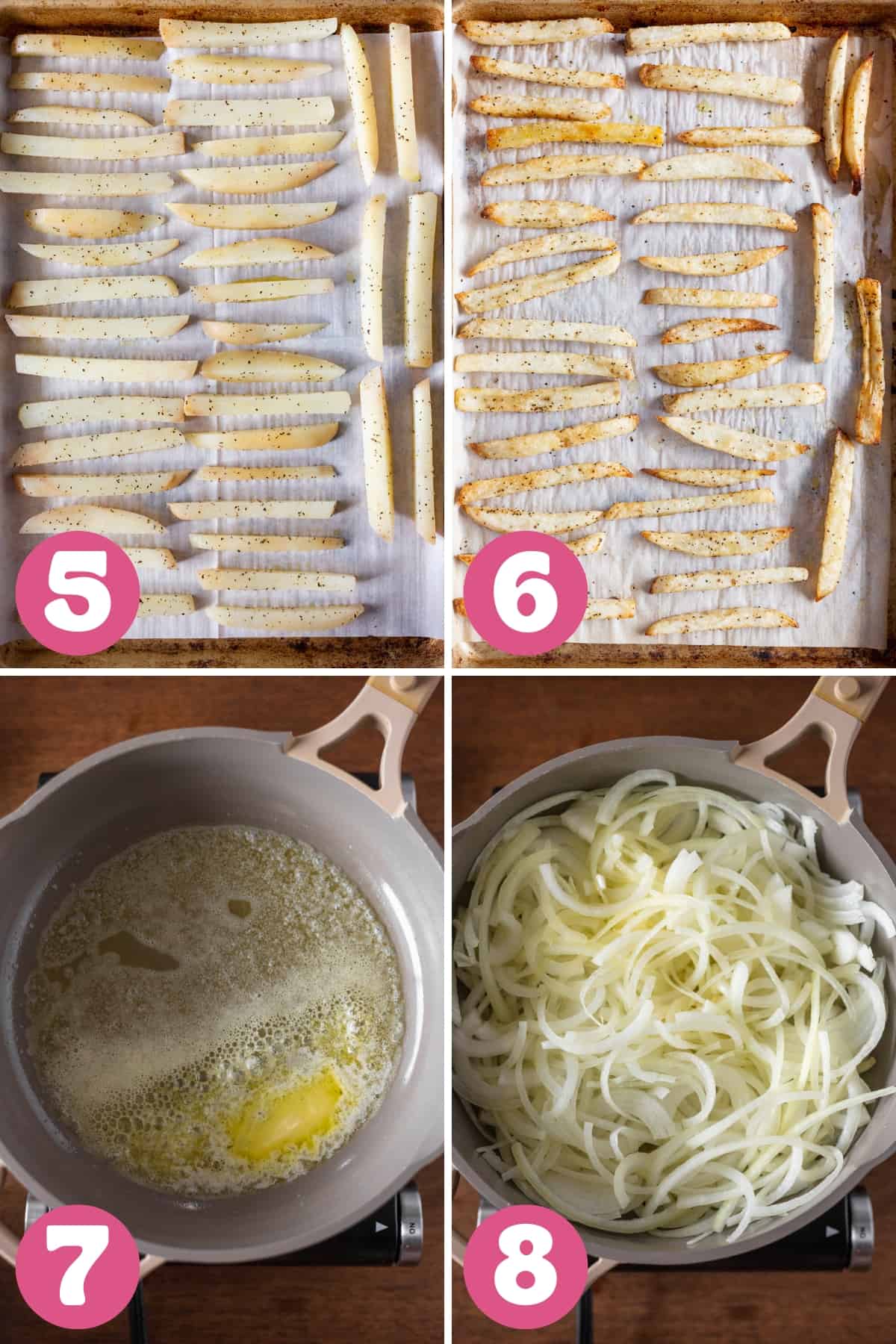 Four images in a collage to show steps 5 through 8 in making french onion fries