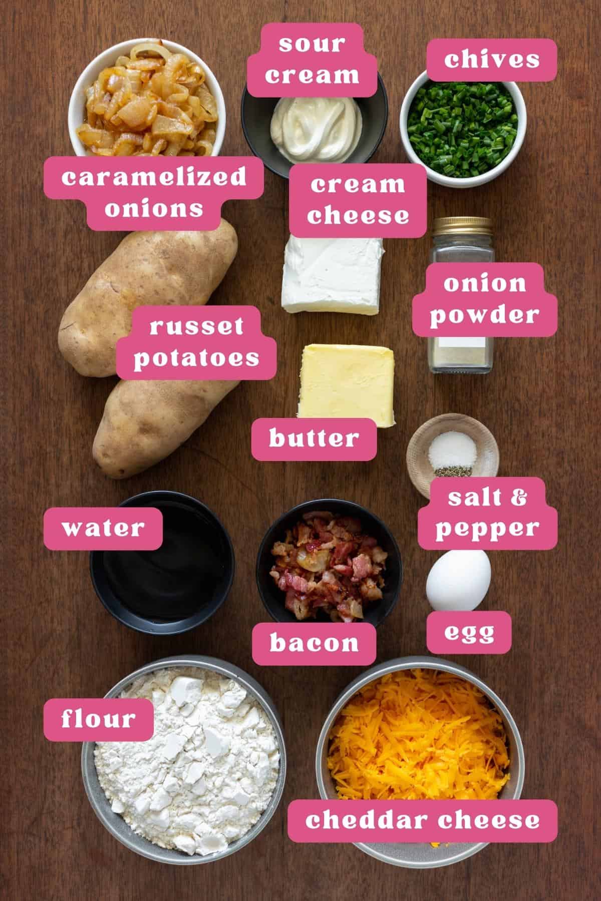 Collage of ingredients for loaded pierogi labeled with pink and white labels