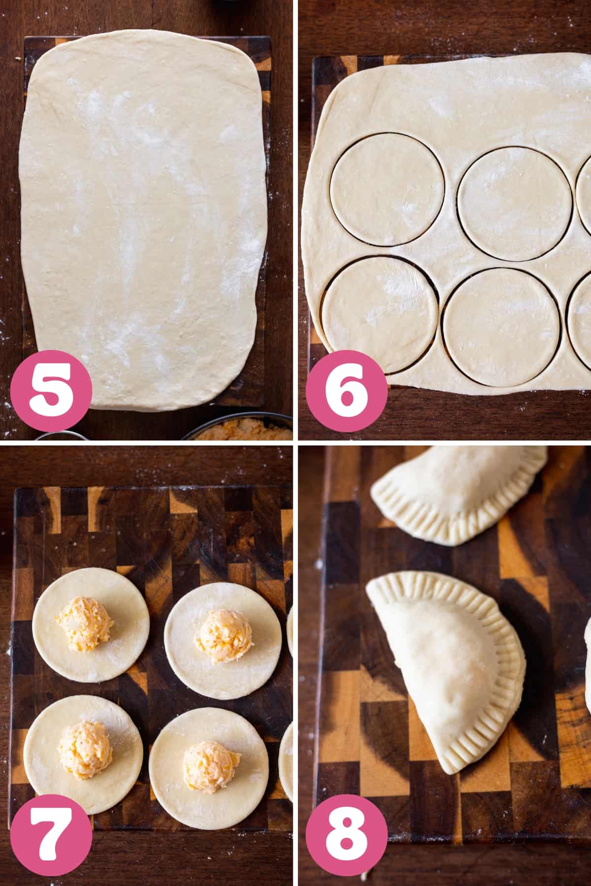 Showing how to make loaded pierogi in steps 5 through 8