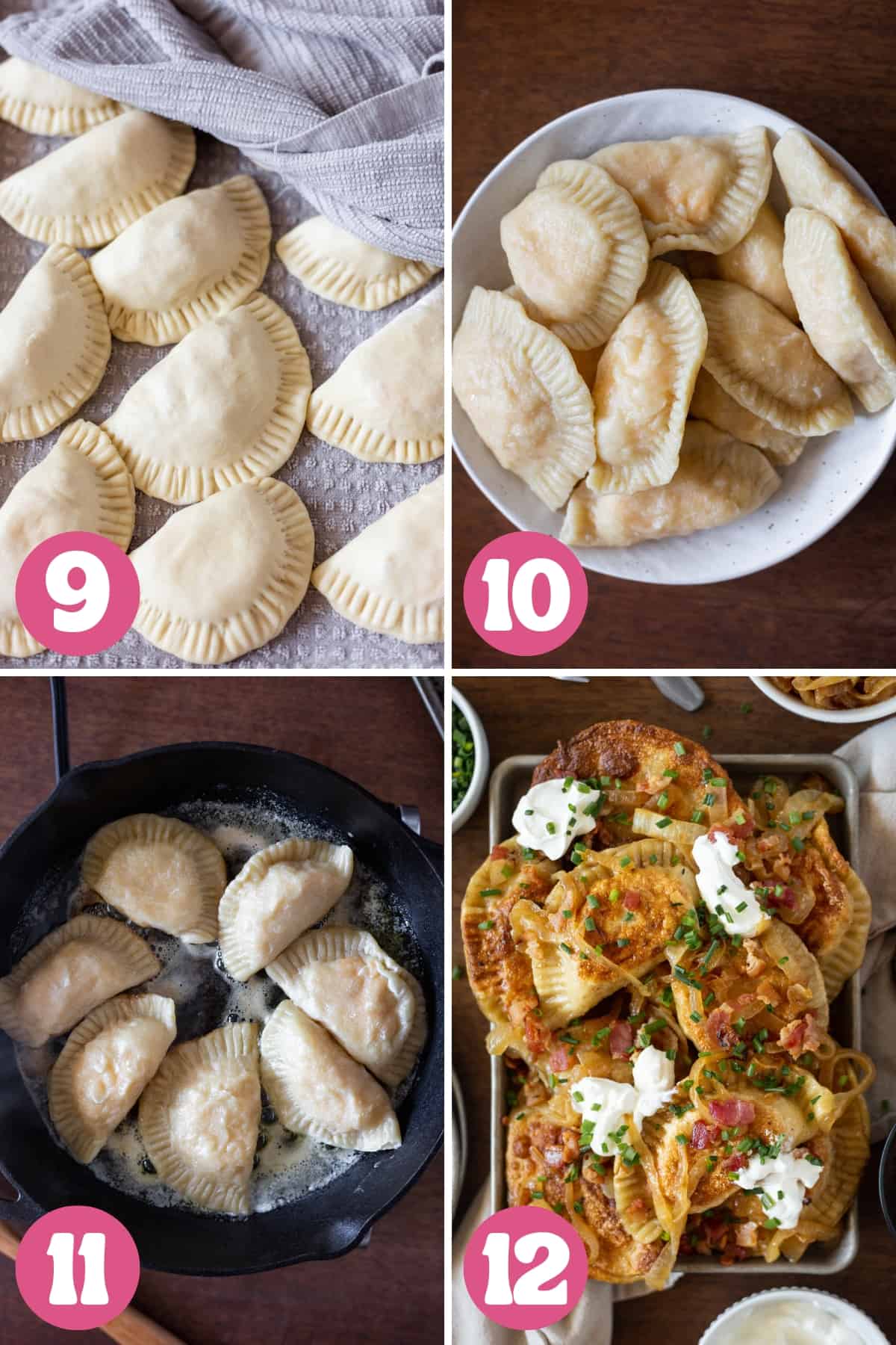 Showing how to make loaded pierogi in steps 9 through 12
