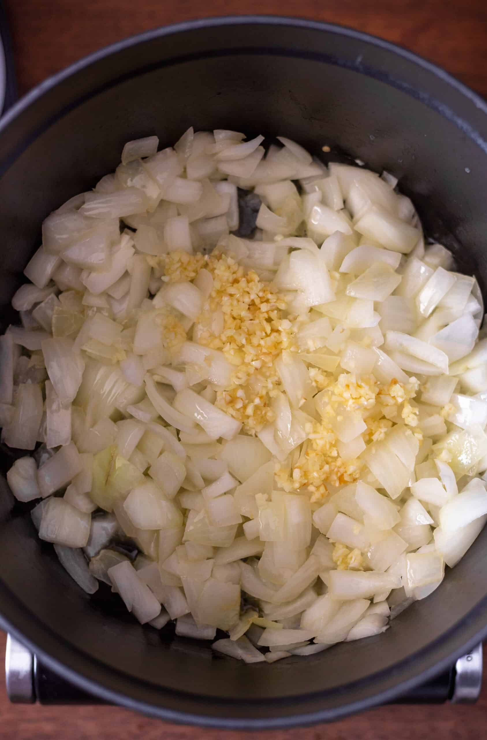 Onion and garlic in large dutch oven pot