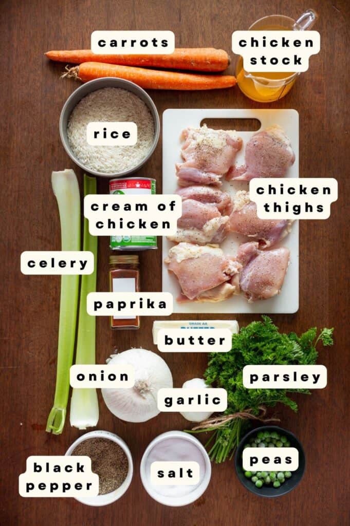 Old fashioned chicken and rice ingredients that are labeled