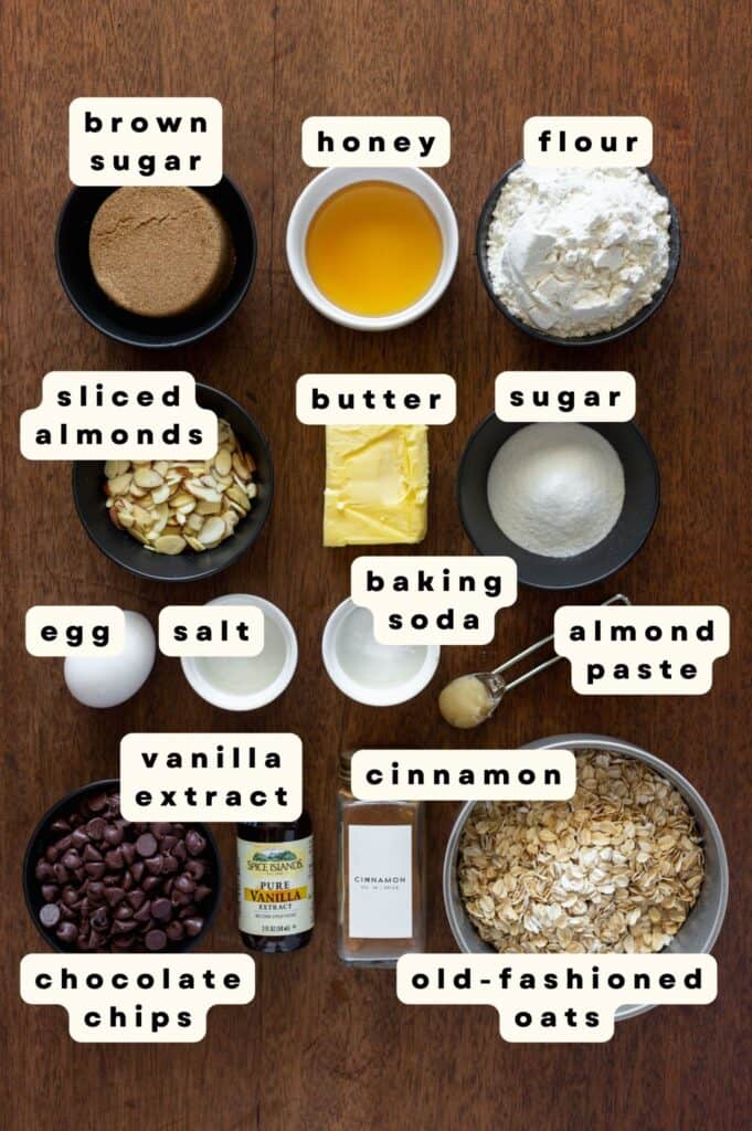 Almond oatmeal chocolate chip cookie ingredients labeled