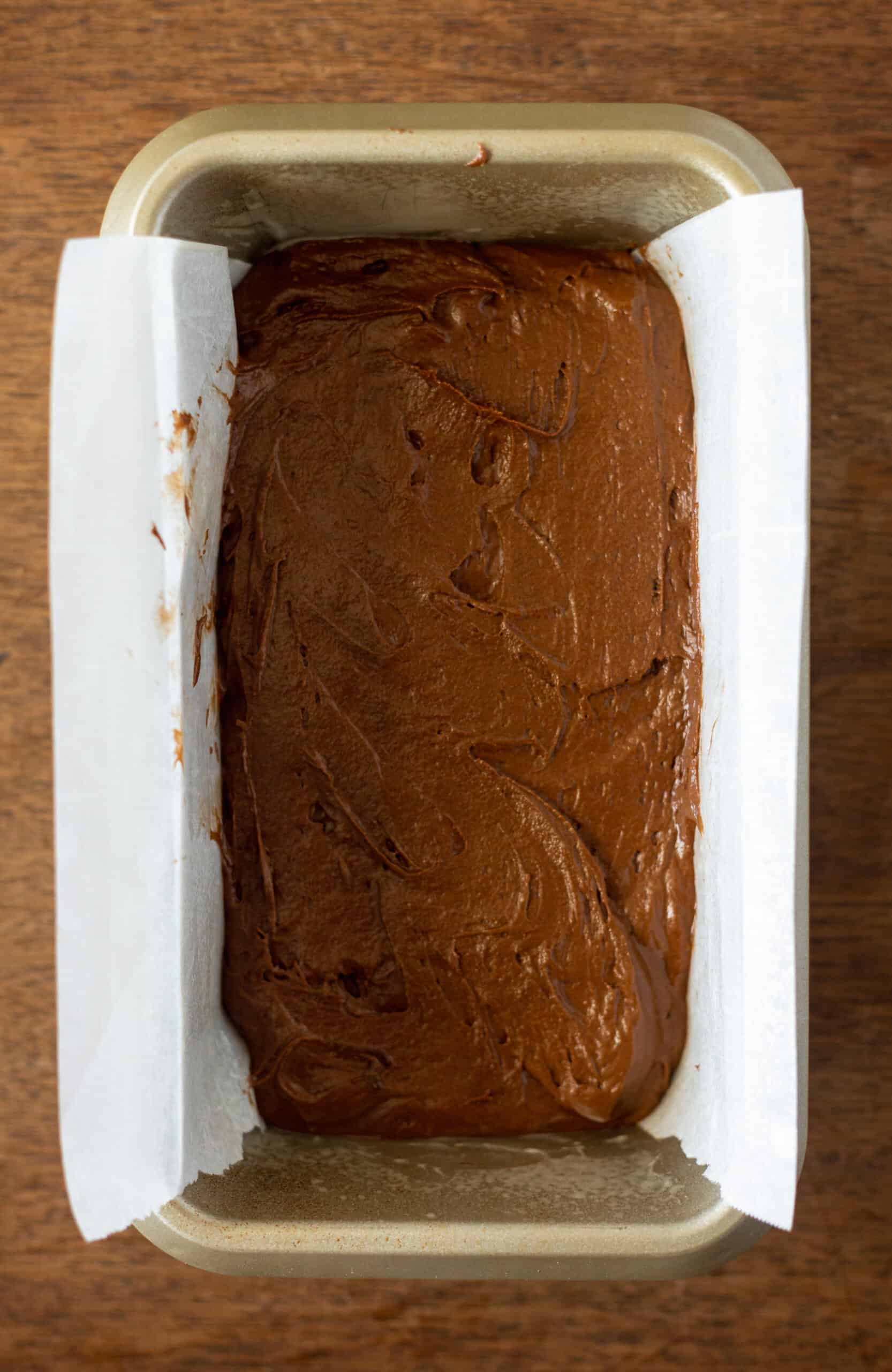 Chocolate cake batter in loaf pan