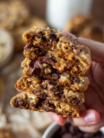 Stack of almond oatmeal chocolate chip cookies