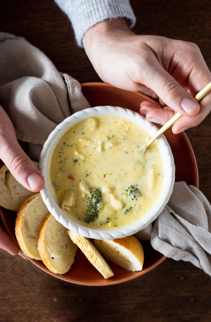 Holding broccoli brie soup