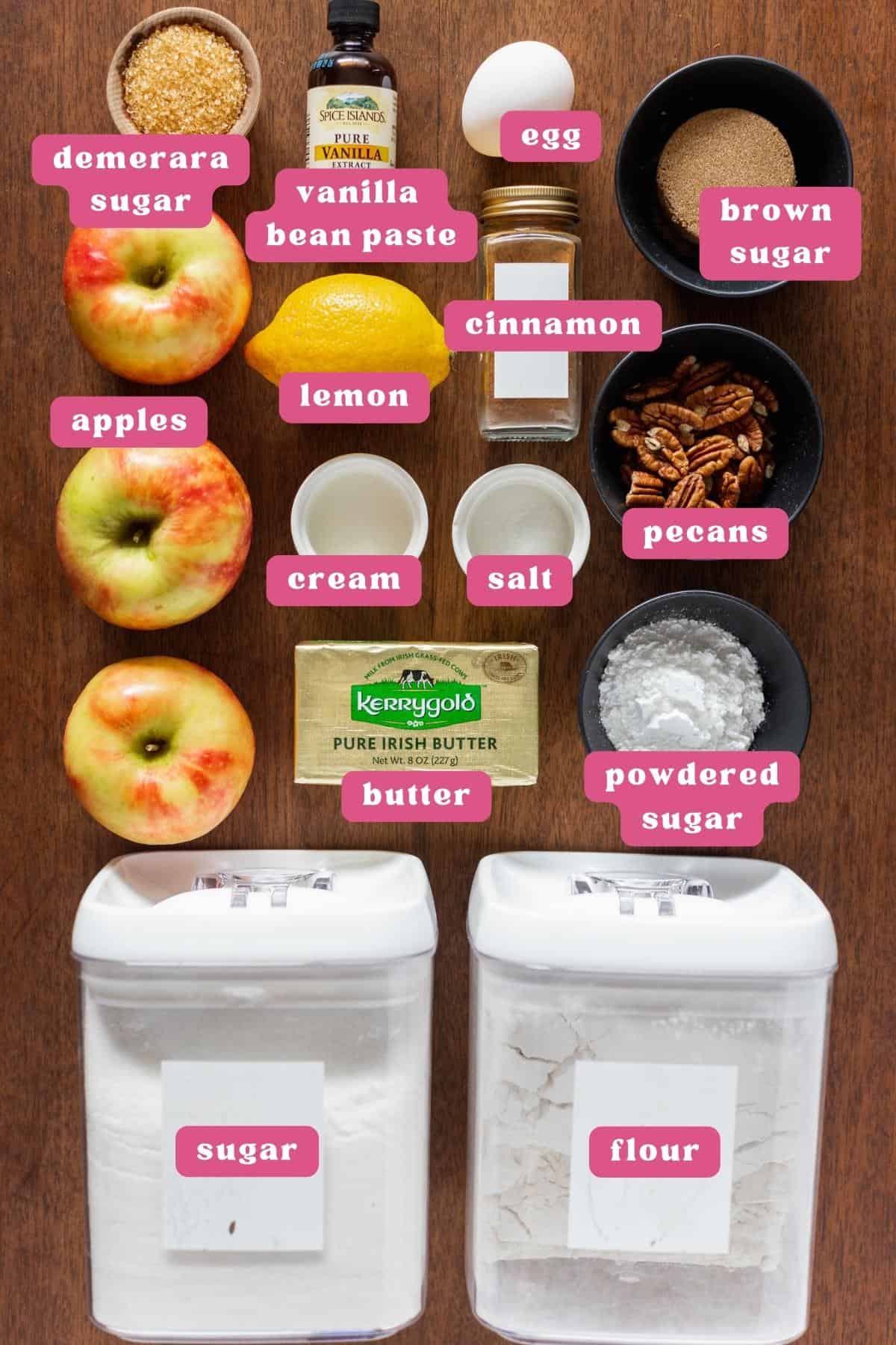 A collage of apple crumb tart ingredients labeled with pink and white labels