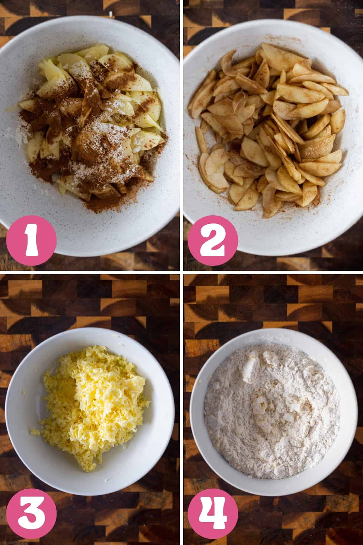 Four images showing how to make an apple crumb tart steps one through four
