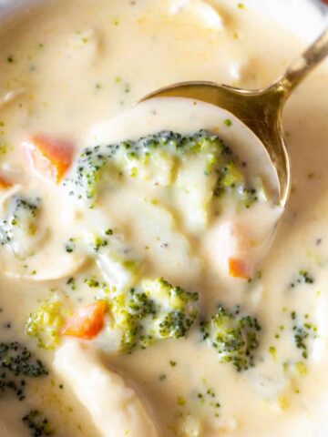 Bowl of broccoli brie soup with chunks of brie