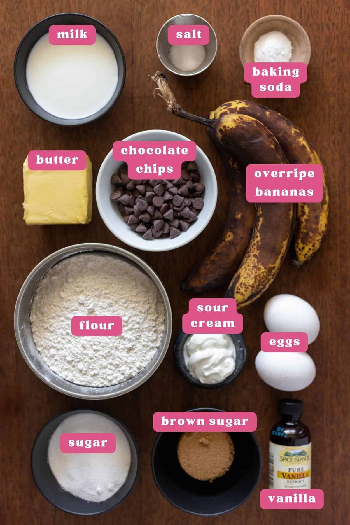 A collage of banana bread ingredients labeled in pink and white labels