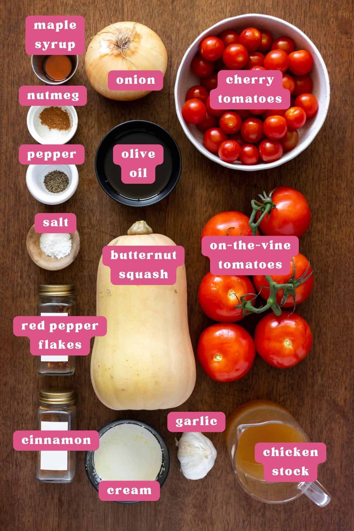 Collage of ingredients for butternut squash tomato soup labeled with pink and white labels