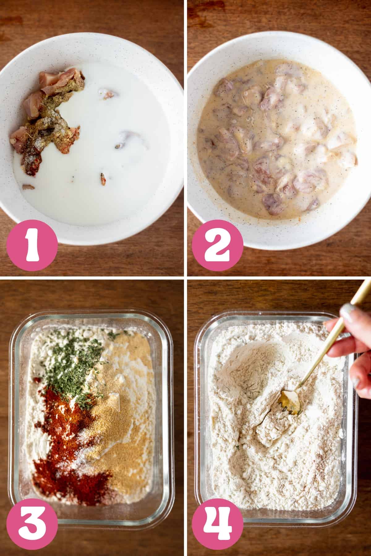 4 pictures showing the first 4 steps of making fried chicken mac and cheese