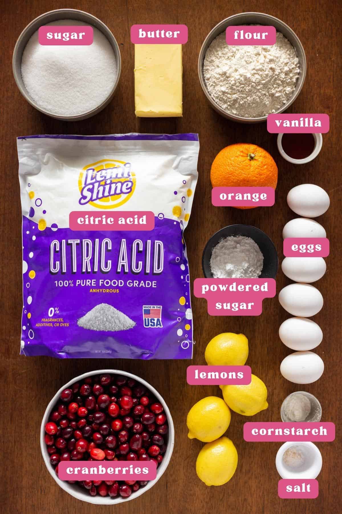 Collage of lemon cranberry bar ingredients labeled with pink and white labels