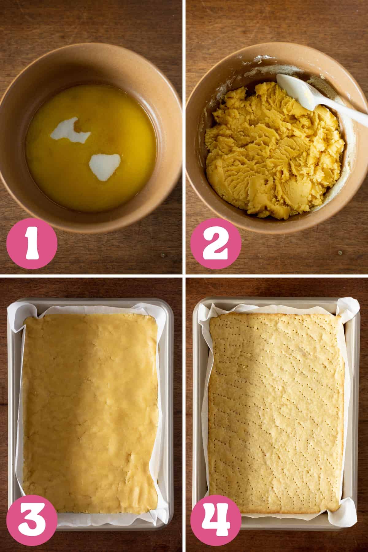 Collage of 4 images showing steps 1-4 of how to make lemon cranberry bars