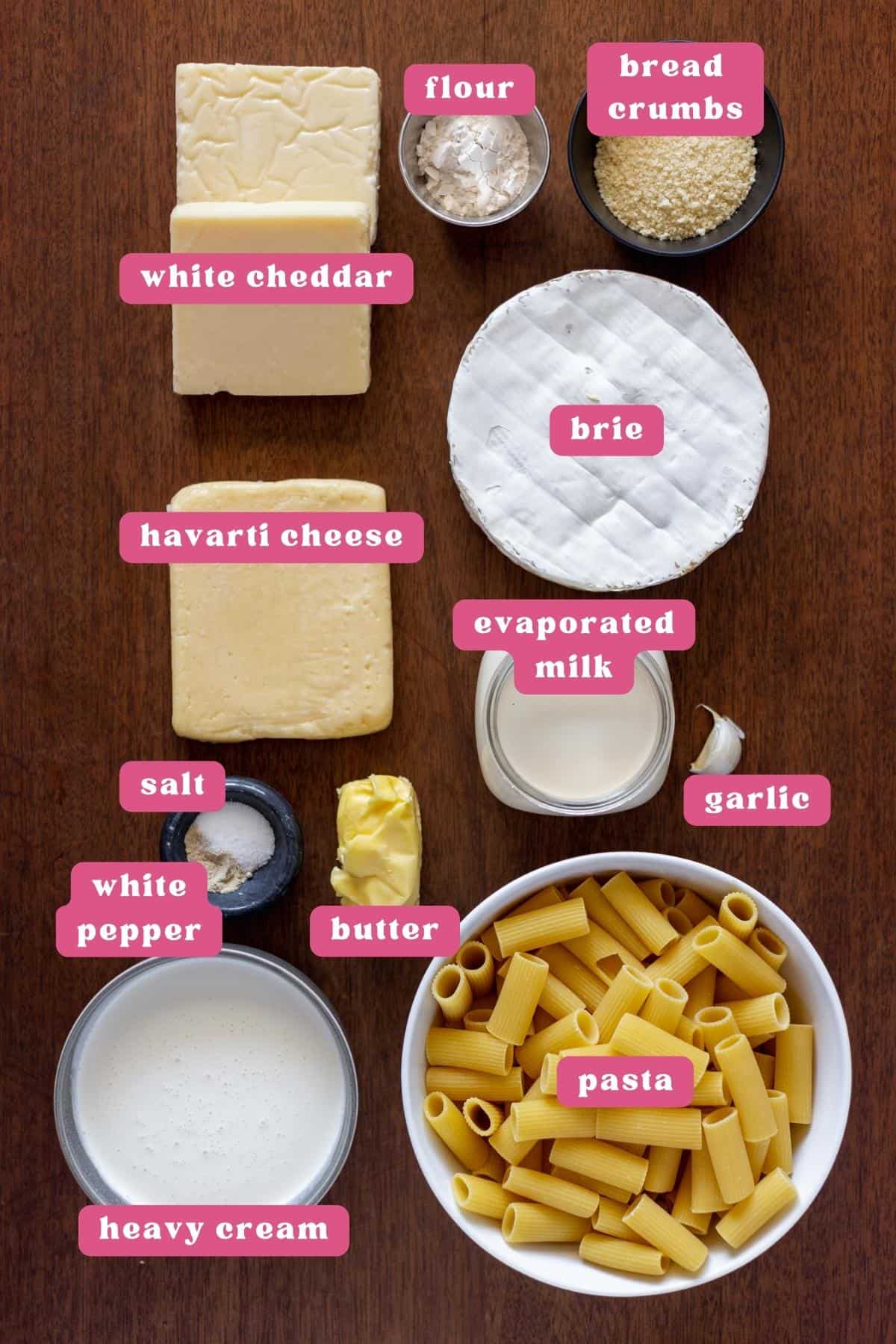 A collage of ingredients for brie mac and cheese labeled with pink and white labels