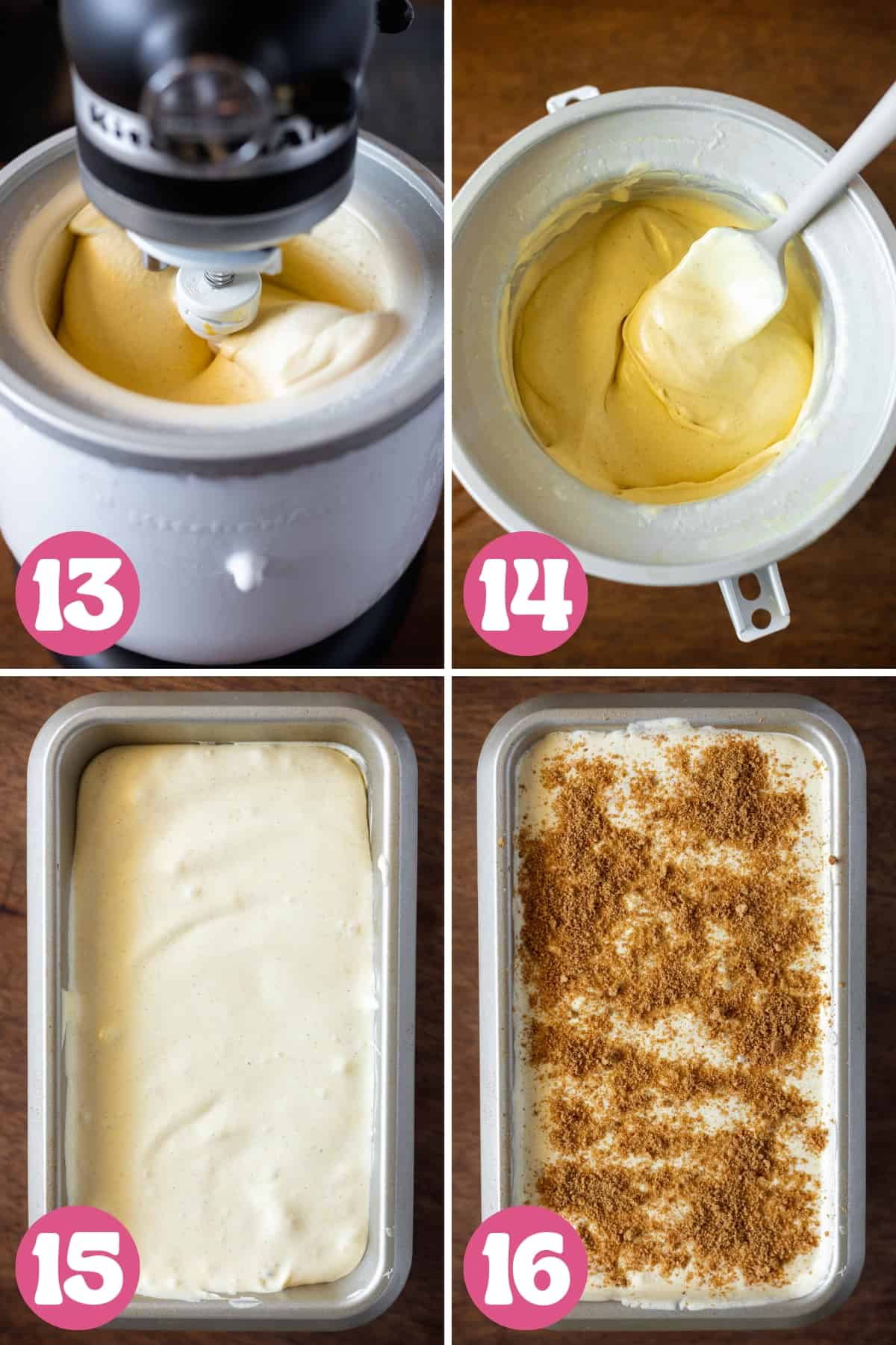 Four pictures showing steps 13 through 16 of how to make pumpkin cheesecake ice cream