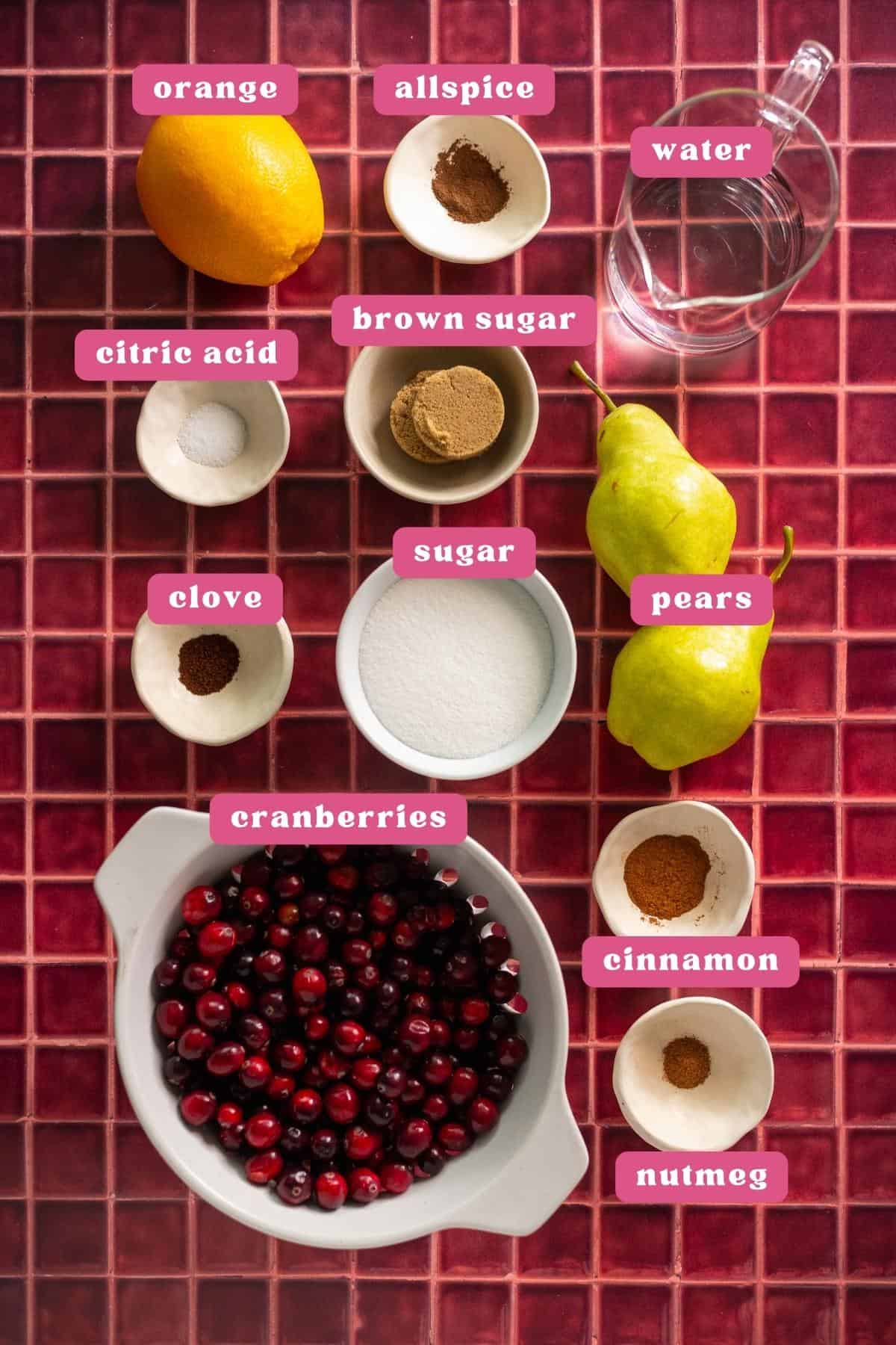 a collage of cranberry pear sauce ingredients labeled in pink and white
