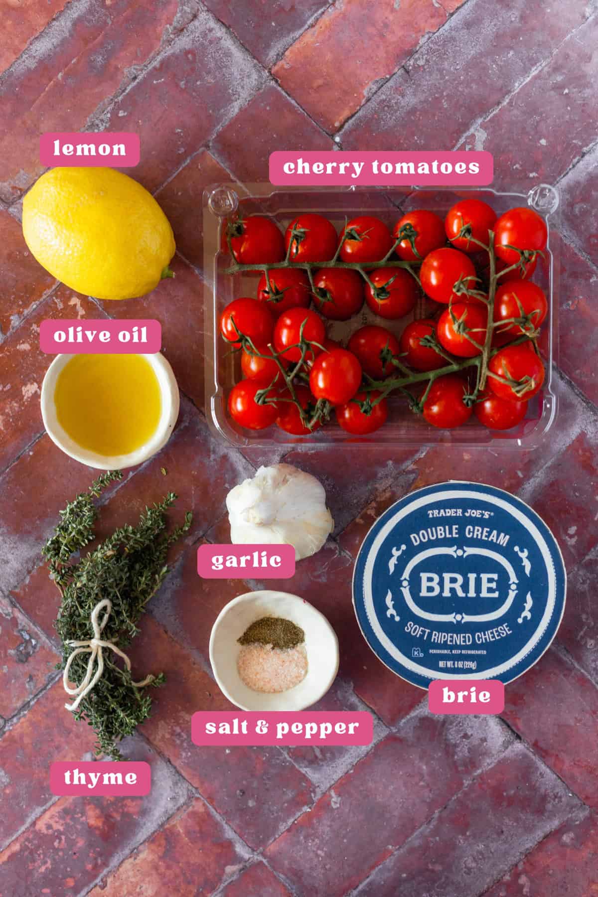 Labeled ingredients for garlic baked brie