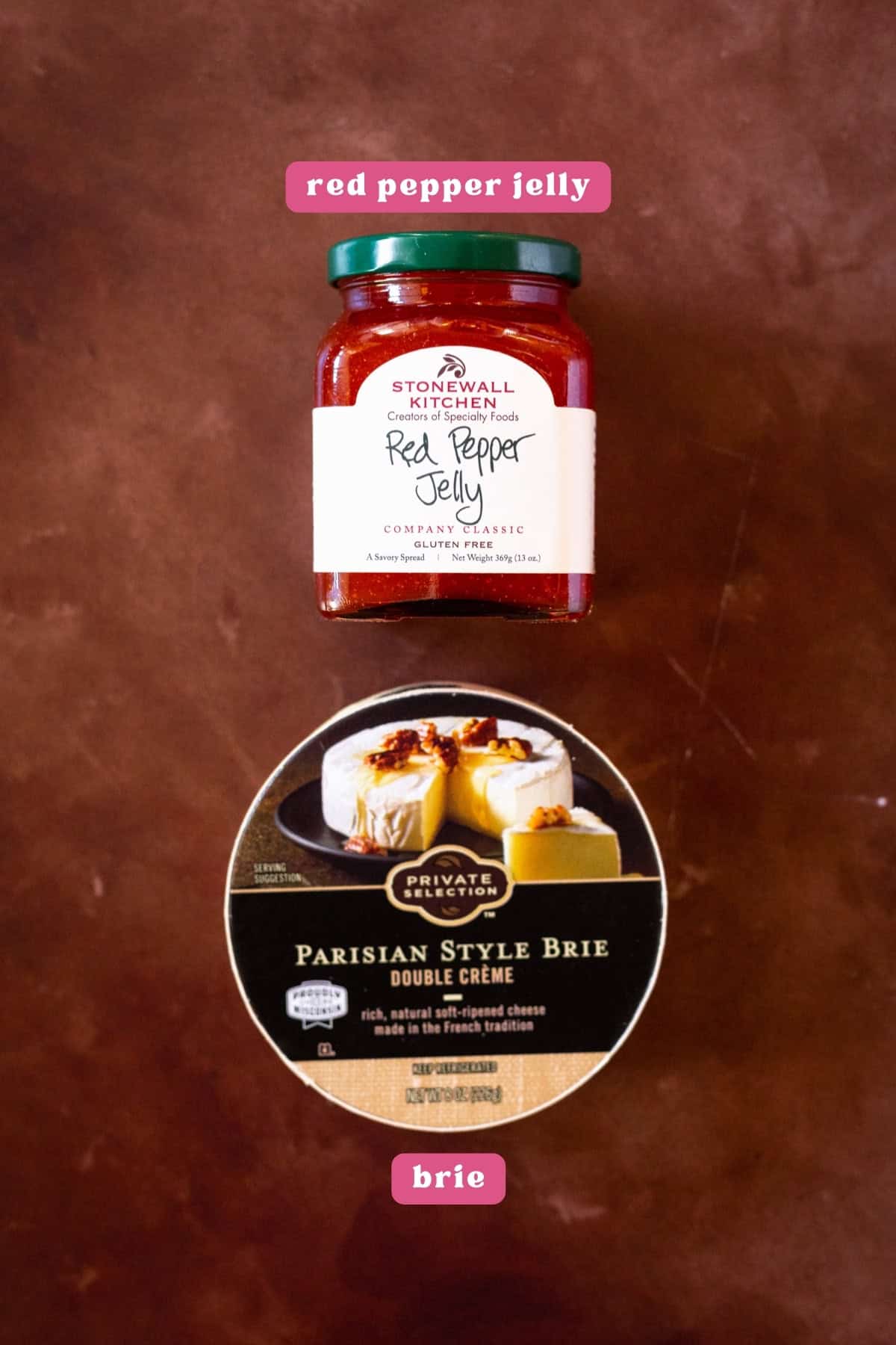 Ingredients for red pepper jelly baked brie
